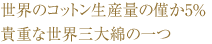 世界のコットン生産量の僅か5％ 貴重な世界三大綿の一つ。